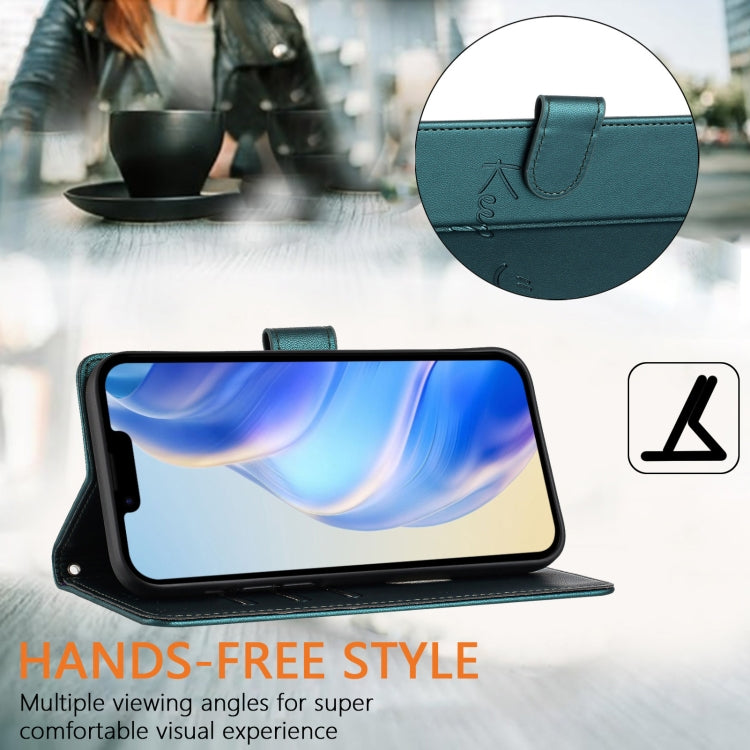 For iPhone 16e Smile Embossing RFID Leather Phone Case(Peacock Green) - iPhone 16e Cases by PMC TechLife | Online Shopping South Africa | PMC TechLife | Buy Now Pay Later Mobicred