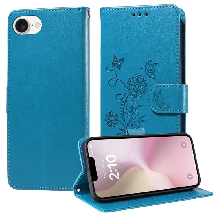 For iPhone 16e Embossed Butterfly Flowers Leather Phone Case(Blue) - iPhone 16e Cases by PMC TechLife | Online Shopping South Africa | PMC TechLife | Buy Now Pay Later Mobicred