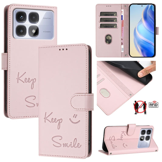 For Redmi K70 Ultra 5G Global Smile Embossing RFID Leather Phone Case(Pink) - Xiaomi Cases by PMC Jewellery | Online Shopping South Africa | PMC Jewellery | Buy Now Pay Later Mobicred