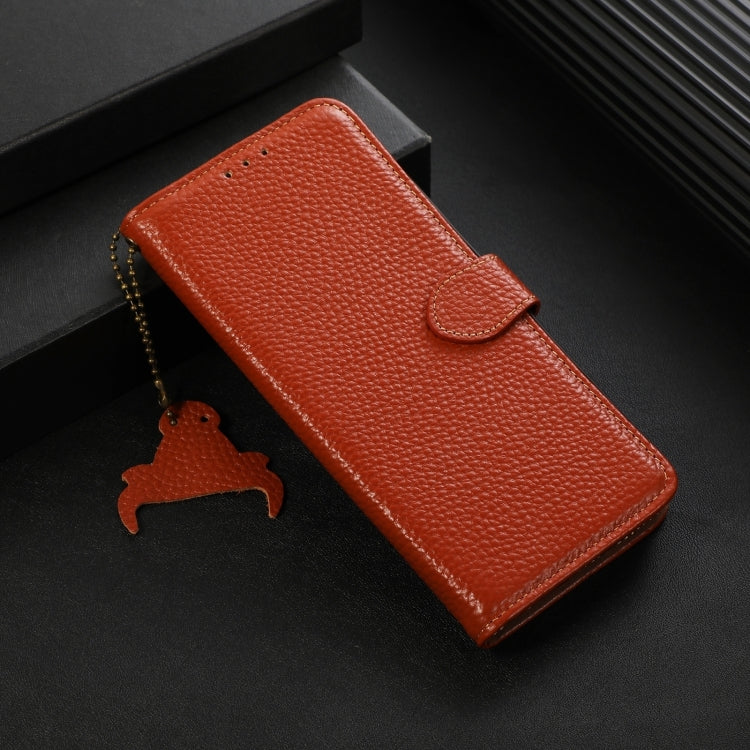 For Motorola Moto G35 Genuine Leather Litchi Texture RFID Leather Phone Case(Coffee) - Motorola Cases by PMC TechLife | Online Shopping South Africa | PMC TechLife | Buy Now Pay Later Mobicred