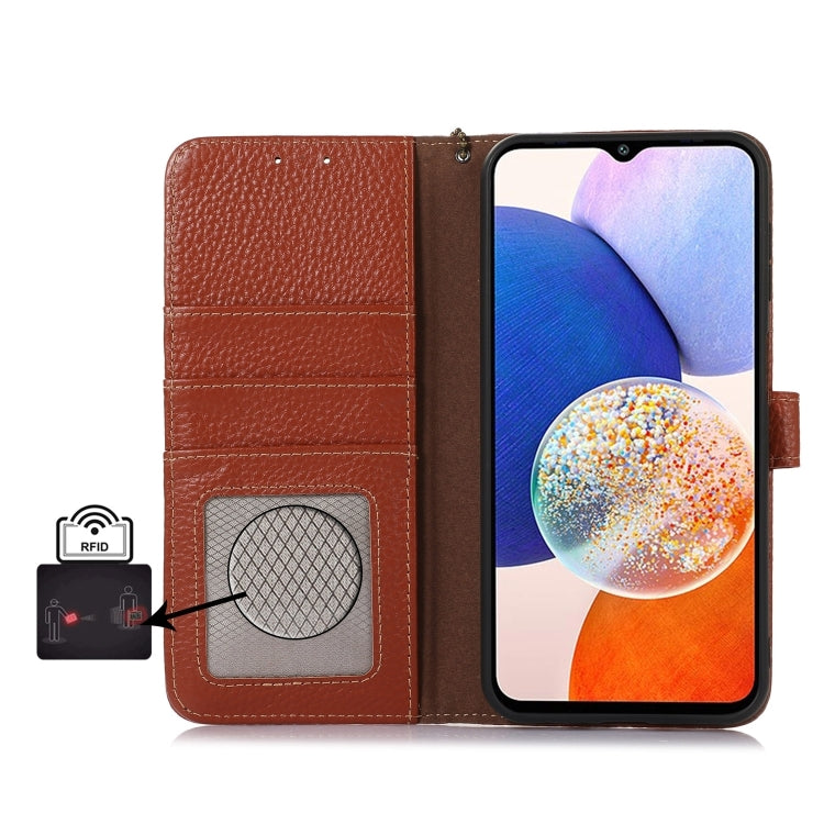 For Motorola Moto G35 Genuine Leather Litchi Texture RFID Leather Phone Case(Coffee) - Motorola Cases by PMC TechLife | Online Shopping South Africa | PMC TechLife | Buy Now Pay Later Mobicred