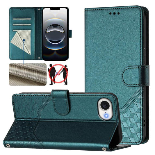 For iPhone 16e Honeycomb Embossing RFID Leather Phone Case(Peacock Green) - iPhone 16e Cases by PMC Jewellery | Online Shopping South Africa | PMC Jewellery | Buy Now Pay Later Mobicred