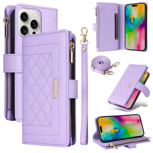 For iPhone 16 Pro Max Crossbody Zipper Wallet Rhombus Leather Phone Case(Purple) - iPhone 16 Pro Max Cases by PMC Jewellery | Online Shopping South Africa | PMC Jewellery | Buy Now Pay Later Mobicred