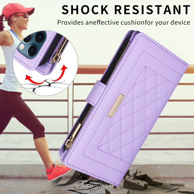 For iPhone 16 Plus Crossbody Zipper Wallet Rhombus Leather Phone Case(Purple) - iPhone 16 Plus Cases by PMC Jewellery | Online Shopping South Africa | PMC Jewellery | Buy Now Pay Later Mobicred