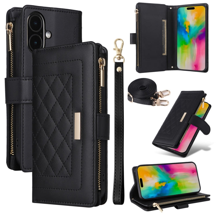 For iPhone 16 Plus Crossbody Zipper Wallet Rhombus Leather Phone Case(Black) - free shipping - PMC Jewellery - Order now!