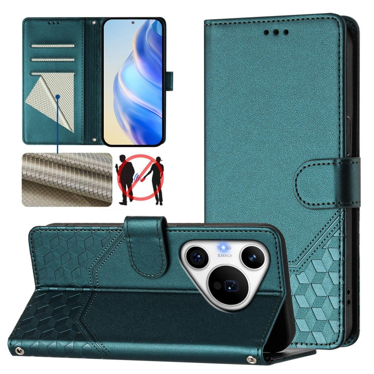 For Huawei Pura 70 Pro / Pura 70 Pro+ Honeycomb Embossing RFID Leather Phone Case(Peacock Green) - Huawei Cases by PMC Jewellery | Online Shopping South Africa | PMC Jewellery | Buy Now Pay Later Mobicred