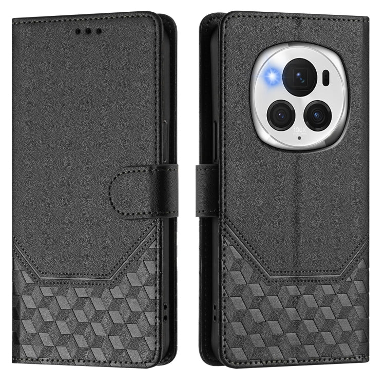 For Honor Magic6 Pro 5G Honeycomb Embossing RFID Leather Phone Case(Black) - Honor Cases by PMC Jewellery | Online Shopping South Africa | PMC Jewellery | Buy Now Pay Later Mobicred