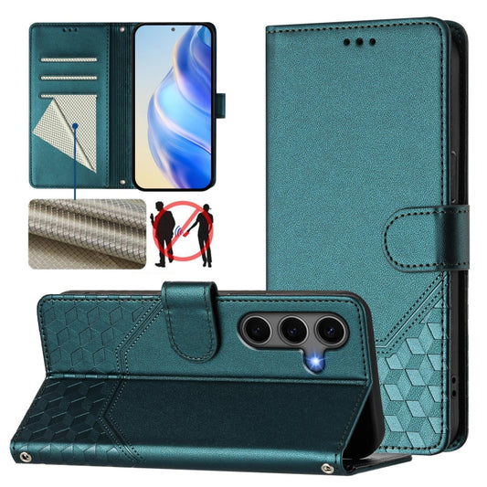 For Samsung Galaxy S25 5G Honeycomb Embossing RFID Leather Phone Case(Peacock Green) - Galaxy S25 5G Cases by PMC Jewellery | Online Shopping South Africa | PMC Jewellery | Buy Now Pay Later Mobicred