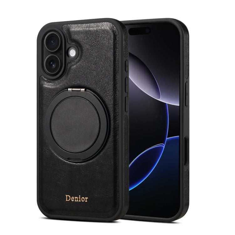 For iPhone 16 Plus Denior A17 Genuine Leather Gear Magnetic Holder Phone Case(Black) - iPhone 16 Plus Cases by Denior | Online Shopping South Africa | PMC Jewellery | Buy Now Pay Later Mobicred