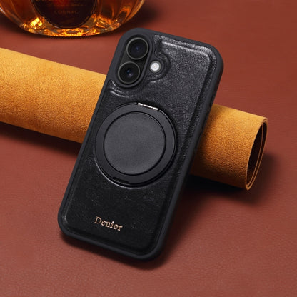 For iPhone 16 Plus Denior A17 Genuine Leather Gear Magnetic Holder Phone Case(Black) - iPhone 16 Plus Cases by Denior | Online Shopping South Africa | PMC Jewellery | Buy Now Pay Later Mobicred