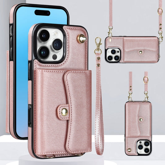 For iPhone 16 Pro RFID Card Slot Phone Case with Long Lanyard(Rose Gold) - iPhone 16 Pro Cases by PMC Jewellery | Online Shopping South Africa | PMC Jewellery | Buy Now Pay Later Mobicred