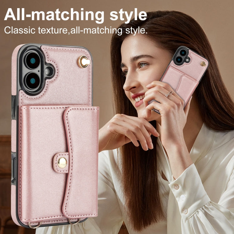 For iPhone 16 Plus RFID Card Slot Phone Case with Long Lanyard(Rose Gold) - iPhone 16 Plus Cases by PMC Jewellery | Online Shopping South Africa | PMC Jewellery | Buy Now Pay Later Mobicred