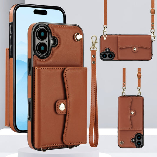 For iPhone 16 Plus RFID Card Slot Phone Case with Long Lanyard(Brown) - iPhone 16 Plus Cases by PMC Jewellery | Online Shopping South Africa | PMC Jewellery | Buy Now Pay Later Mobicred