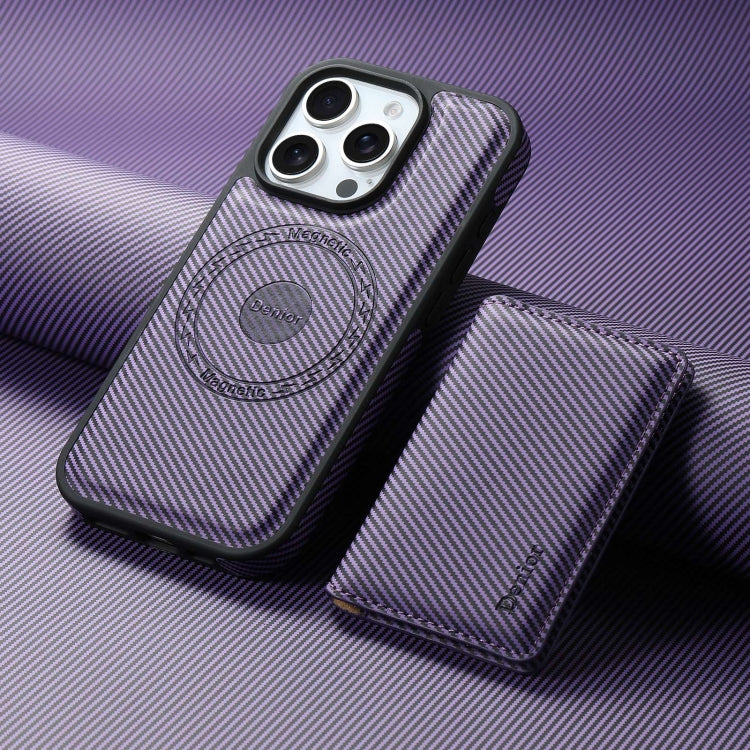 For iPhone 16 Denior Carbon Fiber Texture Leather Card Bag MagSafe Phone Case(Purple) - iPhone 16 Cases by Denior | Online Shopping South Africa | PMC Jewellery | Buy Now Pay Later Mobicred