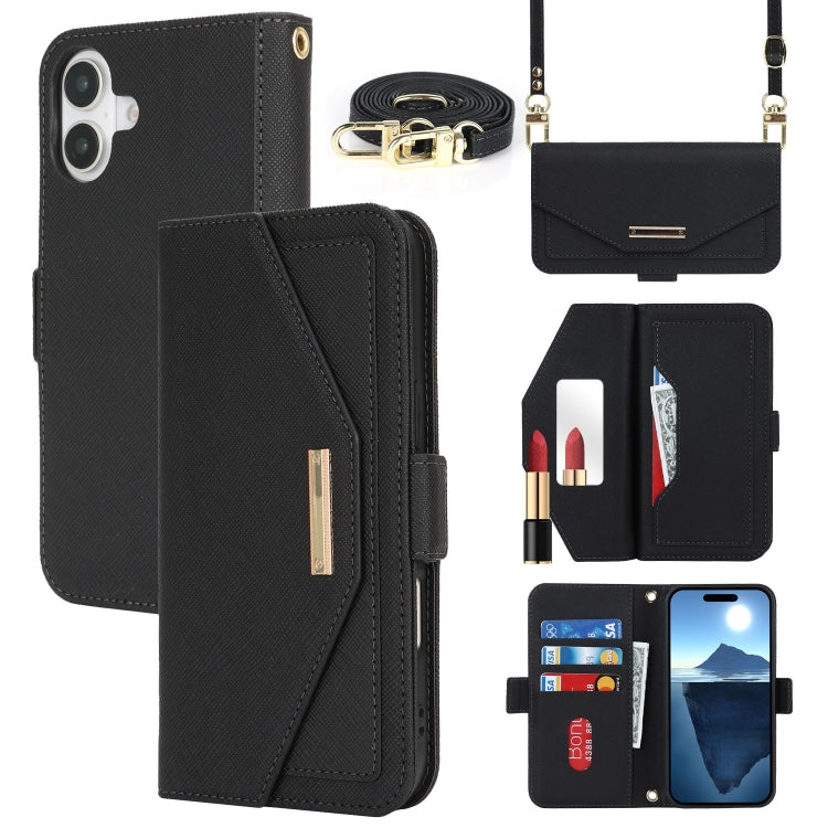 For iPhone 16 Plus Cross Texture Crossbody Lanyard Leather Phone Case(Black) - iPhone 16 Plus Cases by PMC Jewellery | Online Shopping South Africa | PMC Jewellery | Buy Now Pay Later Mobicred