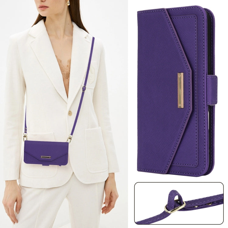 For iPhone 16 Cross Texture Crossbody Lanyard Leather Phone Case(Purple) - iPhone 16 Cases by PMC Jewellery | Online Shopping South Africa | PMC Jewellery | Buy Now Pay Later Mobicred