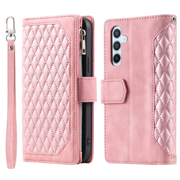 For Samsung Galaxy S25 5G Grid Texture Zipper Leather Phone Case with Lanyard(Rose Gold) - Galaxy S25 5G Cases by PMC Jewellery | Online Shopping South Africa | PMC Jewellery | Buy Now Pay Later Mobicred