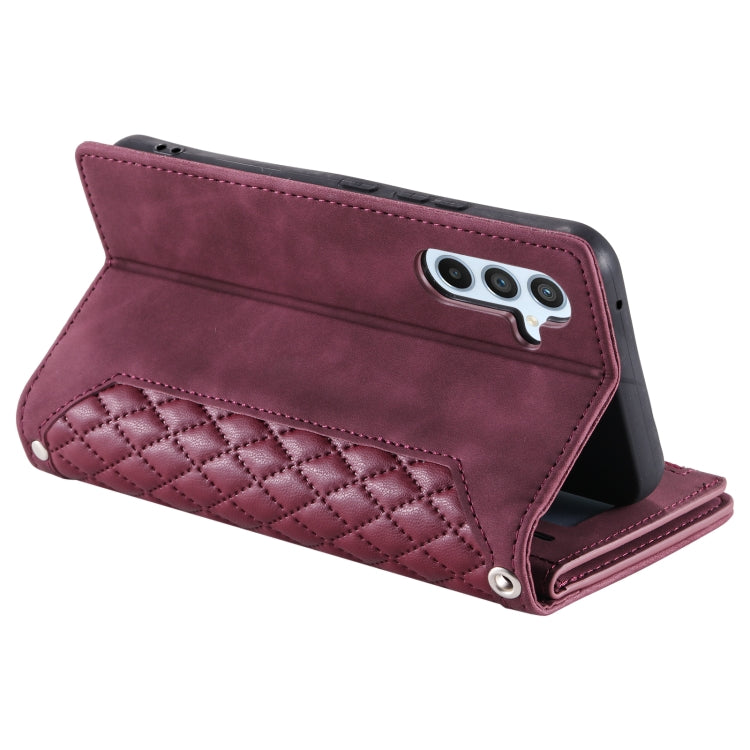For Samsung Galaxy S25+ 5G Grid Texture Zipper Leather Phone Case with Lanyard(Wine Red) - Galaxy S25+ 5G Cases by PMC Jewellery | Online Shopping South Africa | PMC Jewellery | Buy Now Pay Later Mobicred