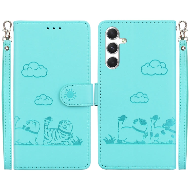For Samsung Galaxy S25 5G Cute Cats RFID Leather Phone Case(Green) - Galaxy S25 5G Cases by PMC Jewellery | Online Shopping South Africa | PMC Jewellery | Buy Now Pay Later Mobicred