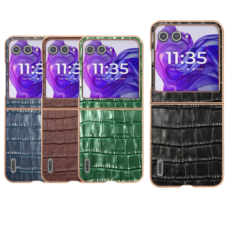 For Motorola Razr 50 ABEEL Electroplating Frame Crocodile Texture Genuine Leather Phone Case(Brown) - Motorola Cases by PMC TechLife | Online Shopping South Africa | PMC TechLife | Buy Now Pay Later Mobicred