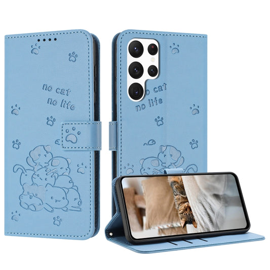 For Samsung Galaxy S25 Ultra 5G Embossed Kitten Phone Leather Case with Lanyard(Blue) - Galaxy S25 Ultra 5G Cases by PMC Jewellery | Online Shopping South Africa | PMC Jewellery | Buy Now Pay Later Mobicred