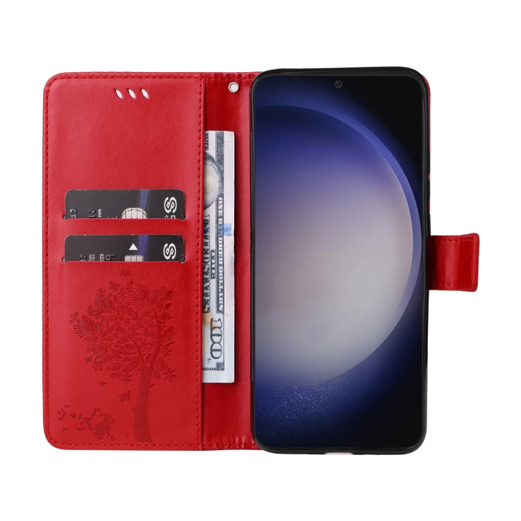 For Samsung Galaxy S25 / S24 5G Tree & Cat Embossed Pattern Flip Leather Phone Case(Red) - Galaxy S25 5G Cases by PMC Jewellery | Online Shopping South Africa | PMC Jewellery | Buy Now Pay Later Mobicred