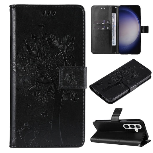 For Samsung Galaxy S25 / S24 5G Tree & Cat Embossed Pattern Flip Leather Phone Case(Black) - Galaxy S25 5G Cases by PMC Jewellery | Online Shopping South Africa | PMC Jewellery | Buy Now Pay Later Mobicred