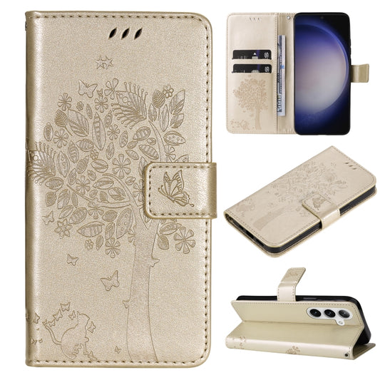 For Samsung Galaxy S25 / S24 5G Tree & Cat Embossed Pattern Flip Leather Phone Case(Gold) - Galaxy S25 5G Cases by PMC Jewellery | Online Shopping South Africa | PMC Jewellery | Buy Now Pay Later Mobicred