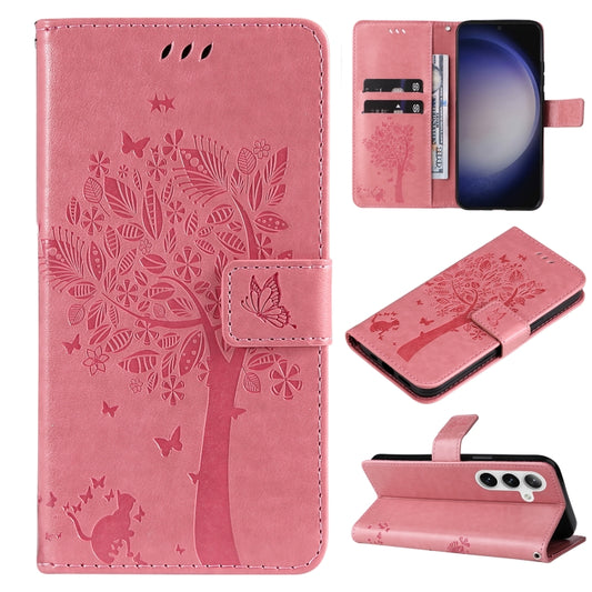 For Samsung Galaxy S25+ / S24+ 5G Tree & Cat Embossed Pattern Flip Leather Phone Case(Pink) - Galaxy S25+ 5G Cases by PMC Jewellery | Online Shopping South Africa | PMC Jewellery | Buy Now Pay Later Mobicred