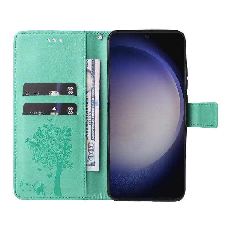 For Samsung Galaxy S25+ / S24+ 5G Tree & Cat Embossed Pattern Flip Leather Phone Case(Green) - Galaxy S25+ 5G Cases by PMC Jewellery | Online Shopping South Africa | PMC Jewellery | Buy Now Pay Later Mobicred