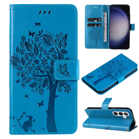 For Samsung Galaxy S25+ / S24+ 5G Tree & Cat Embossed Pattern Flip Leather Phone Case(Blue) - Galaxy S25+ 5G Cases by PMC Jewellery | Online Shopping South Africa | PMC Jewellery | Buy Now Pay Later Mobicred