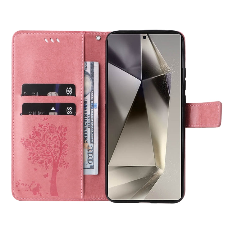 For Samsung Galaxy S25 Ultra 5G Tree & Cat Embossed Pattern Flip Leather Phone Case(Pink) - free shipping - PMC Jewellery - Order now!