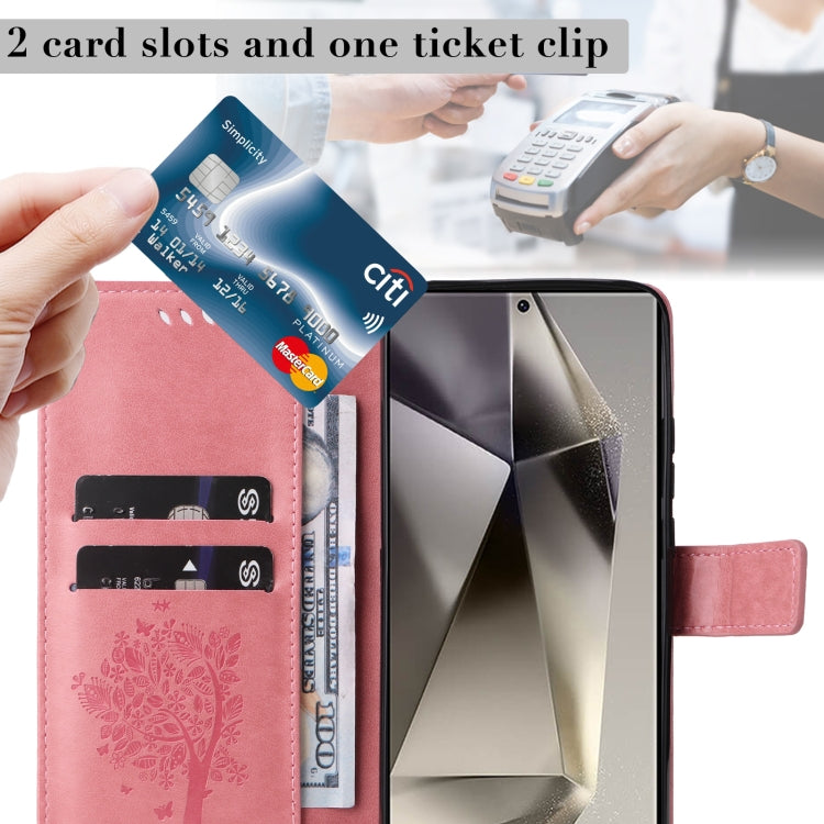 For Samsung Galaxy S25 Ultra 5G Tree & Cat Embossed Pattern Flip Leather Phone Case(Pink) - free shipping - PMC Jewellery - Order now!