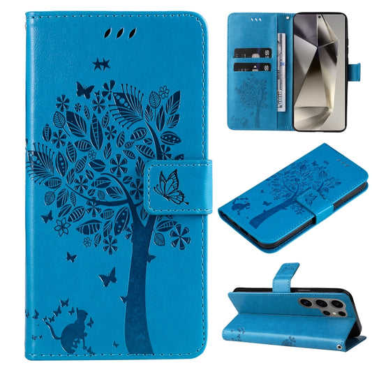 For Samsung Galaxy S25 Ultra 5G Tree & Cat Embossed Pattern Flip Leather Phone Case(Blue) - Galaxy S25 Ultra 5G Cases by PMC Jewellery | Online Shopping South Africa | PMC Jewellery | Buy Now Pay Later Mobicred