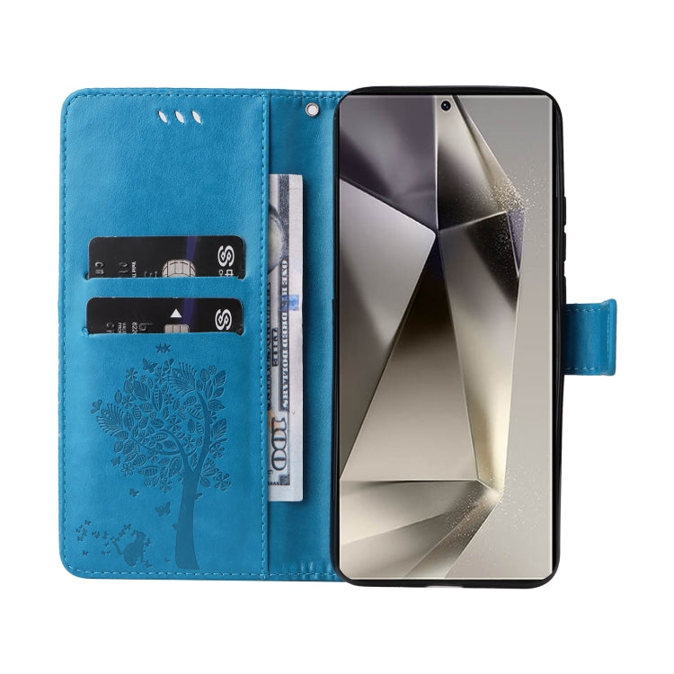 For Samsung Galaxy S25 Ultra 5G Tree & Cat Embossed Pattern Flip Leather Phone Case(Blue) - Galaxy S25 Ultra 5G Cases by PMC Jewellery | Online Shopping South Africa | PMC Jewellery | Buy Now Pay Later Mobicred