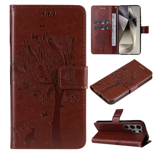 For Samsung Galaxy S25 Ultra 5G Tree & Cat Embossed Pattern Flip Leather Phone Case(Coffee) - Galaxy S25 Ultra 5G Cases by PMC Jewellery | Online Shopping South Africa | PMC Jewellery | Buy Now Pay Later Mobicred