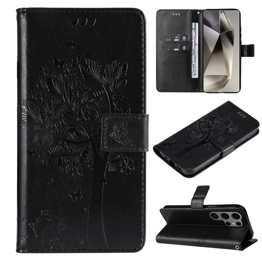 For Samsung Galaxy S25 Ultra 5G Tree & Cat Embossed Pattern Flip Leather Phone Case(Black) - Galaxy S25 Ultra 5G Cases by PMC Jewellery | Online Shopping South Africa | PMC Jewellery | Buy Now Pay Later Mobicred