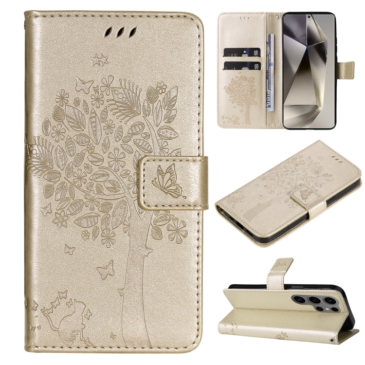 For Samsung Galaxy S25 Ultra 5G Tree & Cat Embossed Pattern Flip Leather Phone Case(Gold) - Galaxy S25 Ultra 5G Cases by PMC Jewellery | Online Shopping South Africa | PMC Jewellery | Buy Now Pay Later Mobicred