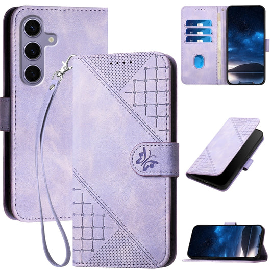 For Samsung Galaxy S25 5G YX0080 Grid Butterfly Embossed Pattern Flip Leather Phone Case with Lanyard(Light Purple) - Galaxy S25 5G Cases by PMC Jewellery | Online Shopping South Africa | PMC Jewellery | Buy Now Pay Later Mobicred