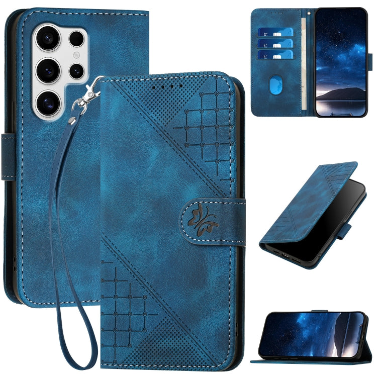 For Samsung Galaxy S25 Ultra 5G YX0080 Grid Butterfly Embossed Pattern Flip Leather Phone Case with Lanyard(Dark Blue) - Galaxy S25 Ultra 5G Cases by PMC Jewellery | Online Shopping South Africa | PMC Jewellery | Buy Now Pay Later Mobicred