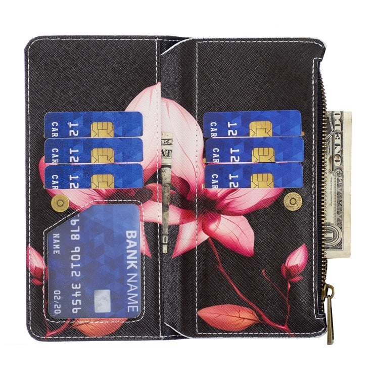 For Samsung Galaxy S25 5G Colored Drawing Pattern Zipper Leather Phone Case(Lotus) - Galaxy S25 5G Cases by PMC Jewellery | Online Shopping South Africa | PMC Jewellery | Buy Now Pay Later Mobicred