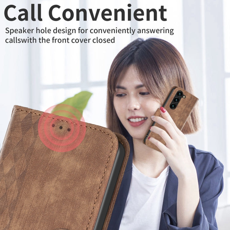 For Samsung Galaxy S25+ 5G Plaid Embossed Leather Phone Case(Brown) - Galaxy S25+ 5G Cases by PMC Jewellery | Online Shopping South Africa | PMC Jewellery | Buy Now Pay Later Mobicred