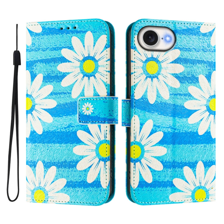 For iPhone 16e Art Colored Drawing Pattern Leather Phone Case(Blue daisy) - iPhone 16e Cases by PMC TechLife | Online Shopping South Africa | PMC TechLife | Buy Now Pay Later Mobicred