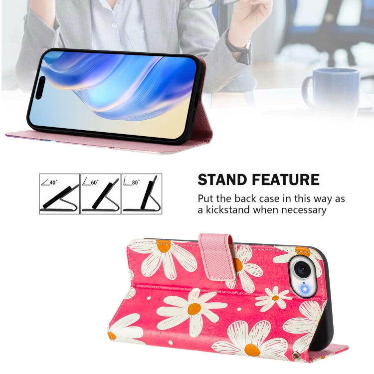 For iPhone 16e Art Colored Drawing Pattern Leather Phone Case(Pink daisy) - iPhone 16e Cases by PMC TechLife | Online Shopping South Africa | PMC TechLife | Buy Now Pay Later Mobicred