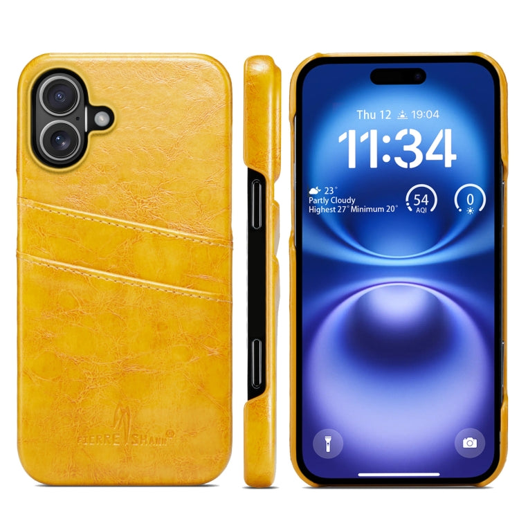 For iPhone 16 Plus Fierre Shann Retro Oil Wax Texture Card Slots PU Leather Phone Case(Yellow) - iPhone 16 Plus Cases by FIERRE SHANN | Online Shopping South Africa | PMC Jewellery | Buy Now Pay Later Mobicred