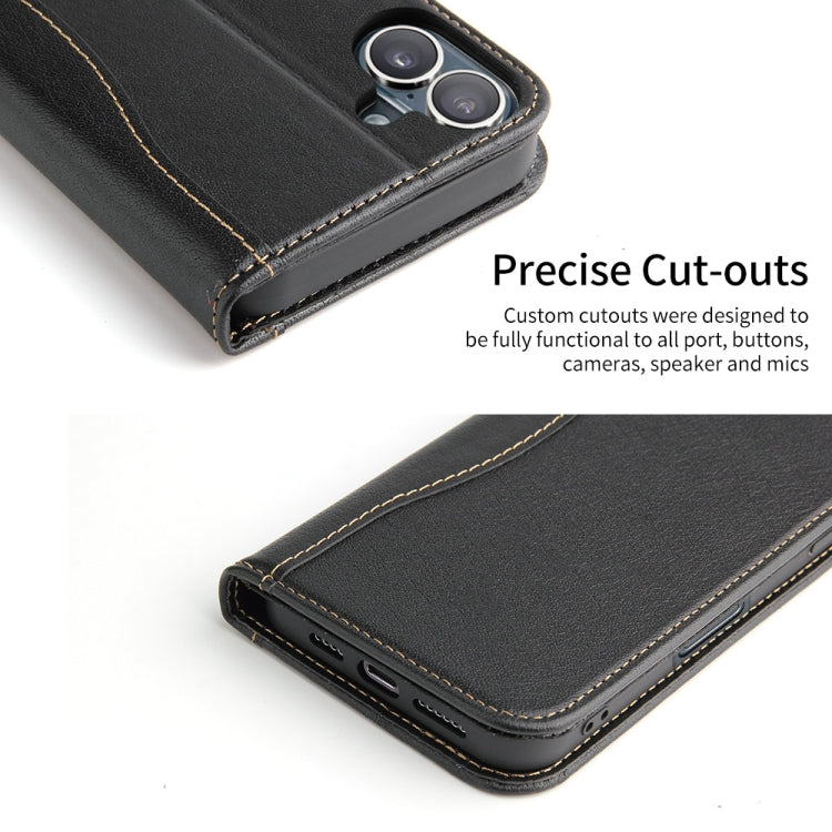 For iPhone 16 Plus Fierre Shann Cowhide Leather Flip Leather Phone Case(Black) - iPhone 16 Plus Cases by FIERRE SHANN | Online Shopping South Africa | PMC Jewellery | Buy Now Pay Later Mobicred