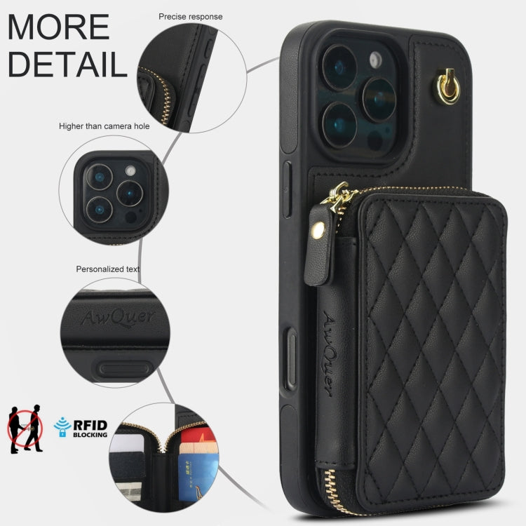 For iPhone 16 Pro Max AwQuer Crossbody Zipper Wallet Rhombic Leather Back Phone Case(Black) - iPhone 16 Pro Max Cases by Awquer | Online Shopping South Africa | PMC Jewellery | Buy Now Pay Later Mobicred