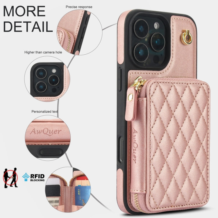 For iPhone 16 Pro Max AwQuer Crossbody Zipper Wallet Rhombic Leather Back Phone Case(Rose Gold) - iPhone 16 Pro Max Cases by Awquer | Online Shopping South Africa | PMC Jewellery | Buy Now Pay Later Mobicred