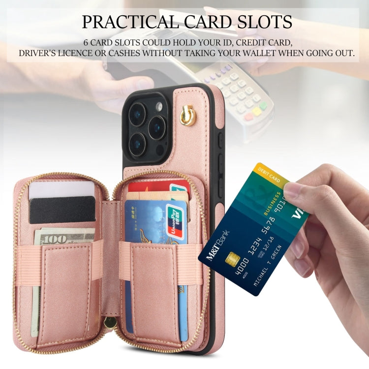 For iPhone 16 Pro AwQuer Crossbody Zipper Wallet Rhombic Leather Back Phone Case(Rose Gold) - iPhone 16 Pro Cases by Awquer | Online Shopping South Africa | PMC Jewellery | Buy Now Pay Later Mobicred