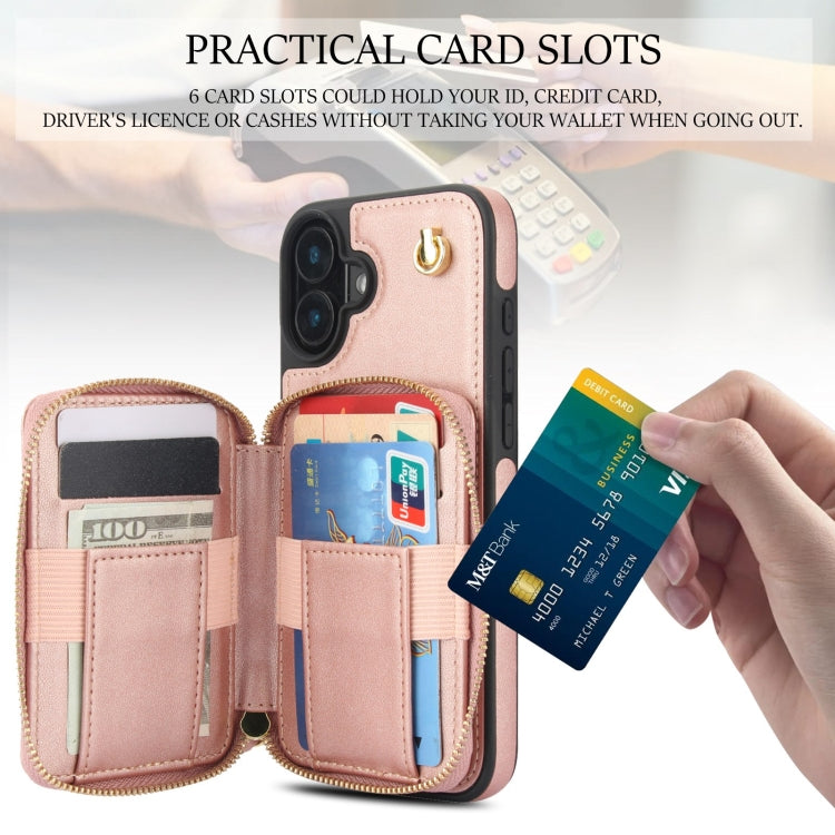 For iPhone 16 Plus AwQuer Crossbody Zipper Wallet Rhombic Leather Back Phone Case(Rose Gold) - iPhone 16 Plus Cases by Awquer | Online Shopping South Africa | PMC Jewellery | Buy Now Pay Later Mobicred